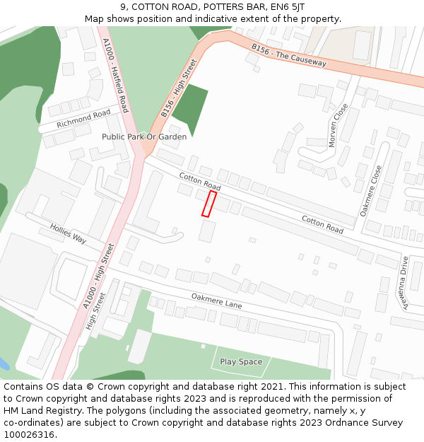 9, COTTON ROAD, POTTERS BAR, EN6 5JT: Location map and indicative extent of plot