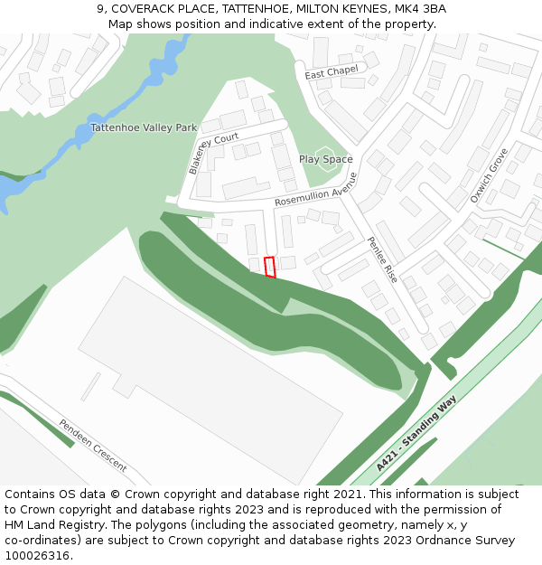 9, COVERACK PLACE, TATTENHOE, MILTON KEYNES, MK4 3BA: Location map and indicative extent of plot