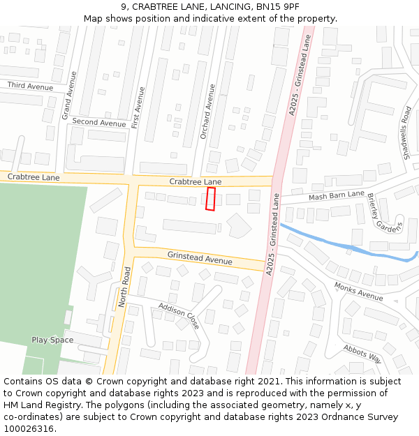 9, CRABTREE LANE, LANCING, BN15 9PF: Location map and indicative extent of plot