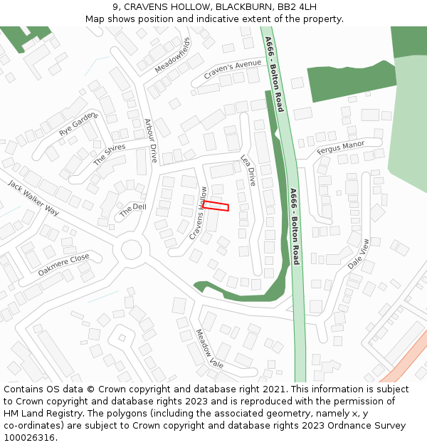 9, CRAVENS HOLLOW, BLACKBURN, BB2 4LH: Location map and indicative extent of plot