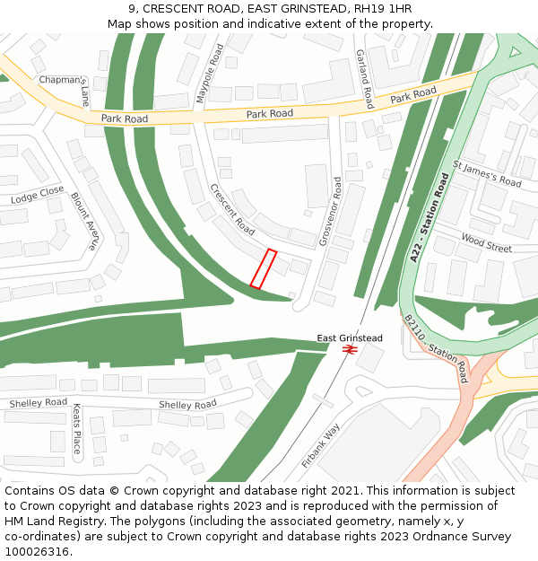 9, CRESCENT ROAD, EAST GRINSTEAD, RH19 1HR: Location map and indicative extent of plot