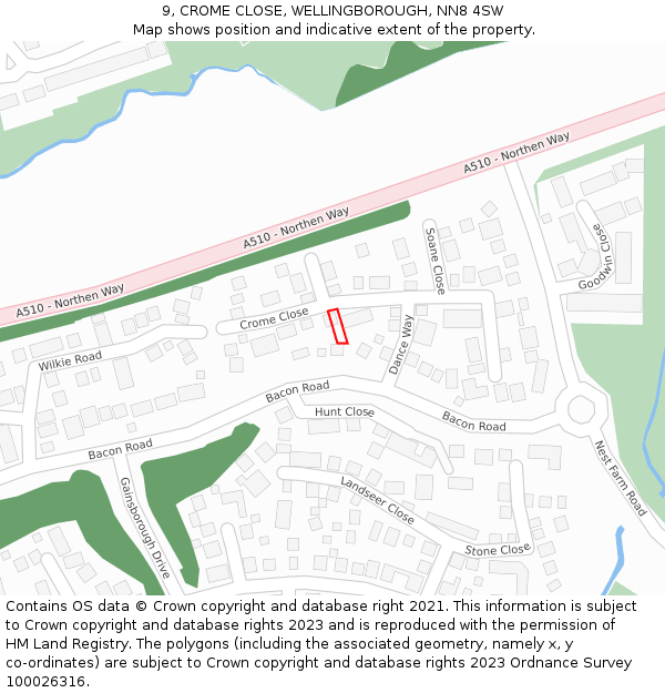 9, CROME CLOSE, WELLINGBOROUGH, NN8 4SW: Location map and indicative extent of plot