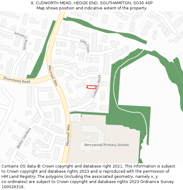 9, CUDWORTH MEAD, HEDGE END, SOUTHAMPTON, SO30 4SP: Location map and indicative extent of plot