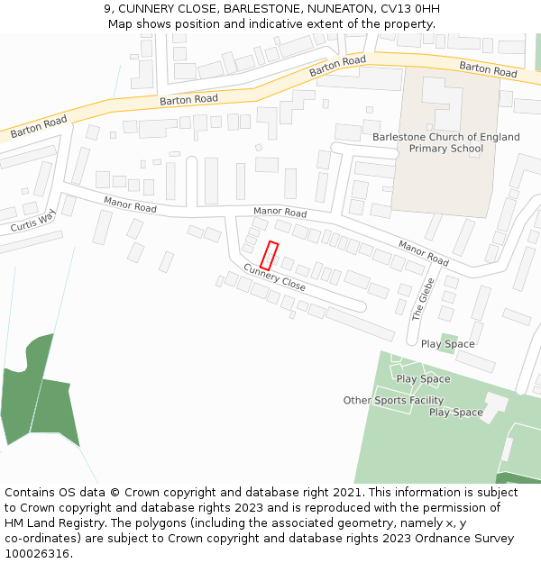 9, CUNNERY CLOSE, BARLESTONE, NUNEATON, CV13 0HH: Location map and indicative extent of plot