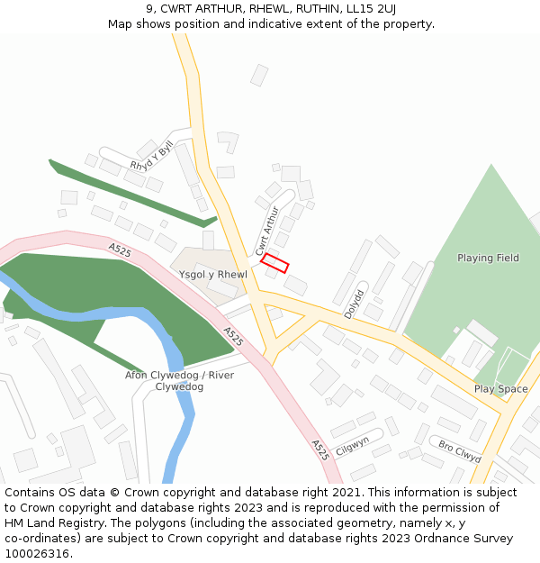 9, CWRT ARTHUR, RHEWL, RUTHIN, LL15 2UJ: Location map and indicative extent of plot