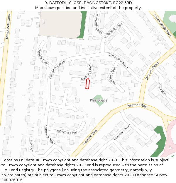 9, DAFFODIL CLOSE, BASINGSTOKE, RG22 5RD: Location map and indicative extent of plot