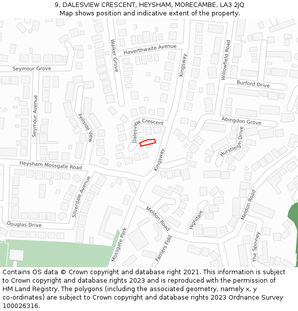 9, DALESVIEW CRESCENT, HEYSHAM, MORECAMBE, LA3 2JQ: Location map and indicative extent of plot