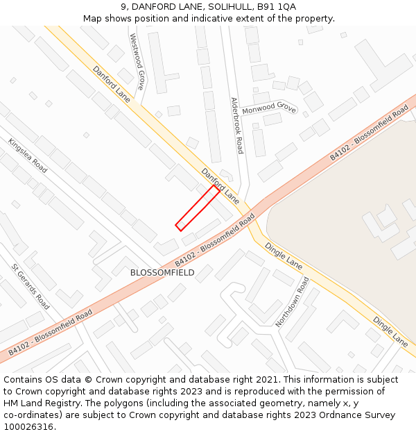 9, DANFORD LANE, SOLIHULL, B91 1QA: Location map and indicative extent of plot