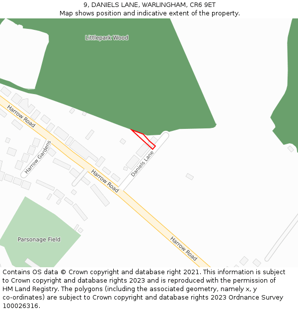 9, DANIELS LANE, WARLINGHAM, CR6 9ET: Location map and indicative extent of plot