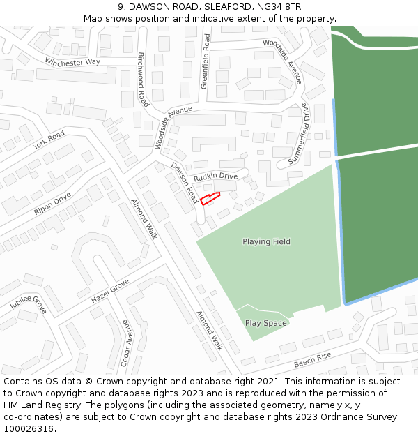 9, DAWSON ROAD, SLEAFORD, NG34 8TR: Location map and indicative extent of plot