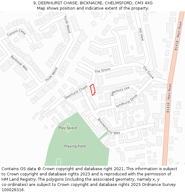 9, DEERHURST CHASE, BICKNACRE, CHELMSFORD, CM3 4XG: Location map and indicative extent of plot