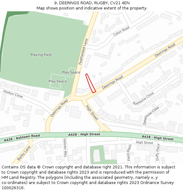 9, DEERINGS ROAD, RUGBY, CV21 4EN: Location map and indicative extent of plot