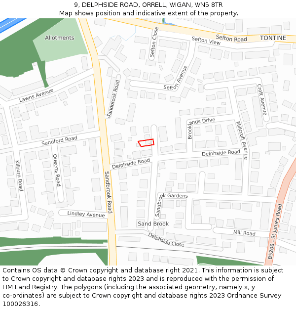9, DELPHSIDE ROAD, ORRELL, WIGAN, WN5 8TR: Location map and indicative extent of plot