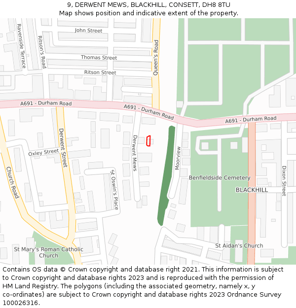 9, DERWENT MEWS, BLACKHILL, CONSETT, DH8 8TU: Location map and indicative extent of plot