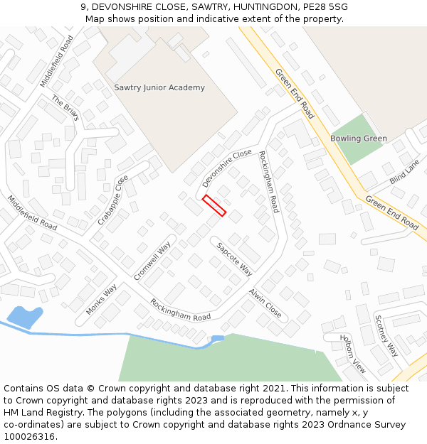 9, DEVONSHIRE CLOSE, SAWTRY, HUNTINGDON, PE28 5SG: Location map and indicative extent of plot