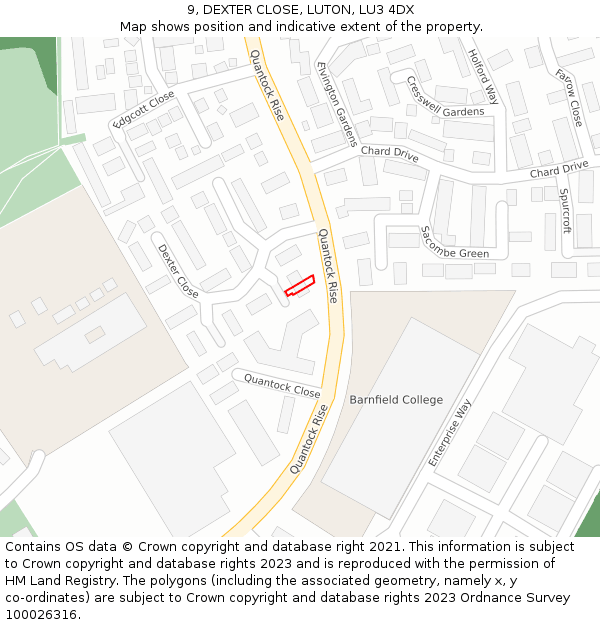 9, DEXTER CLOSE, LUTON, LU3 4DX: Location map and indicative extent of plot