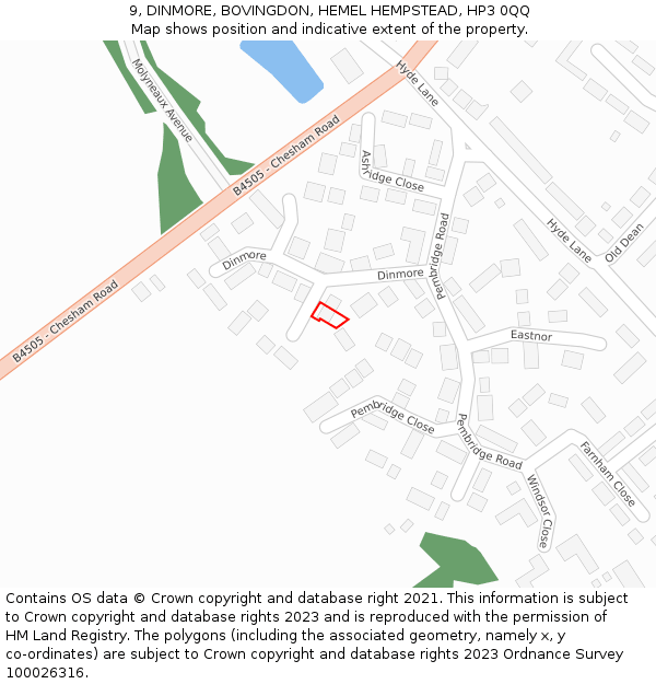 9, DINMORE, BOVINGDON, HEMEL HEMPSTEAD, HP3 0QQ: Location map and indicative extent of plot