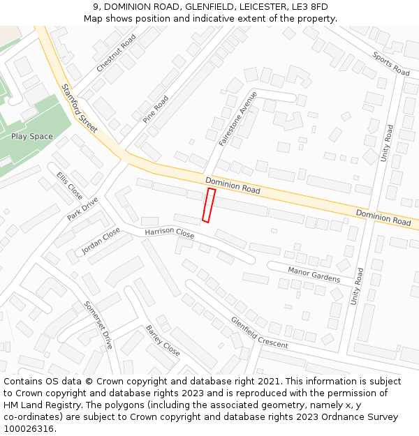 9, DOMINION ROAD, GLENFIELD, LEICESTER, LE3 8FD: Location map and indicative extent of plot