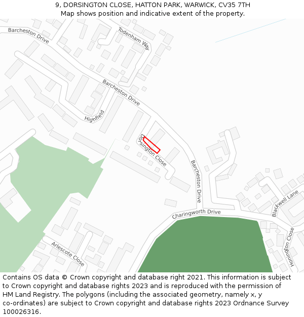 9, DORSINGTON CLOSE, HATTON PARK, WARWICK, CV35 7TH: Location map and indicative extent of plot