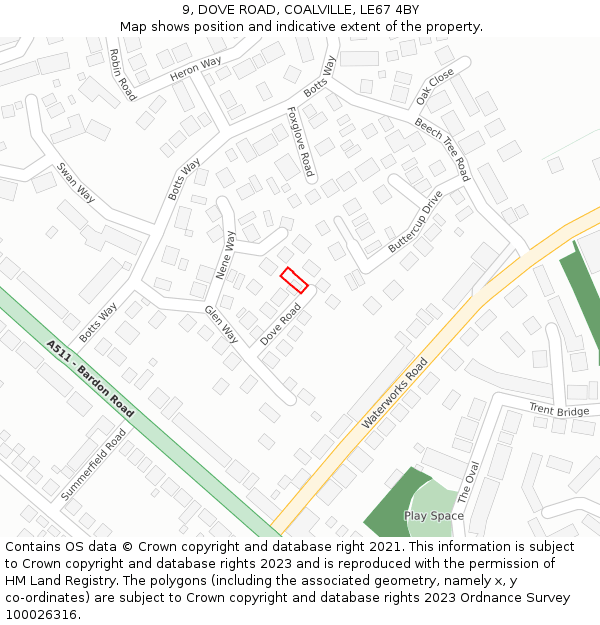 9, DOVE ROAD, COALVILLE, LE67 4BY: Location map and indicative extent of plot