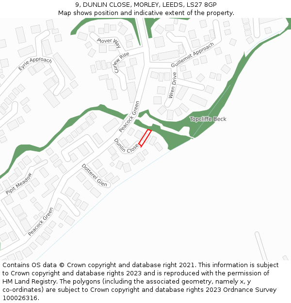9, DUNLIN CLOSE, MORLEY, LEEDS, LS27 8GP: Location map and indicative extent of plot