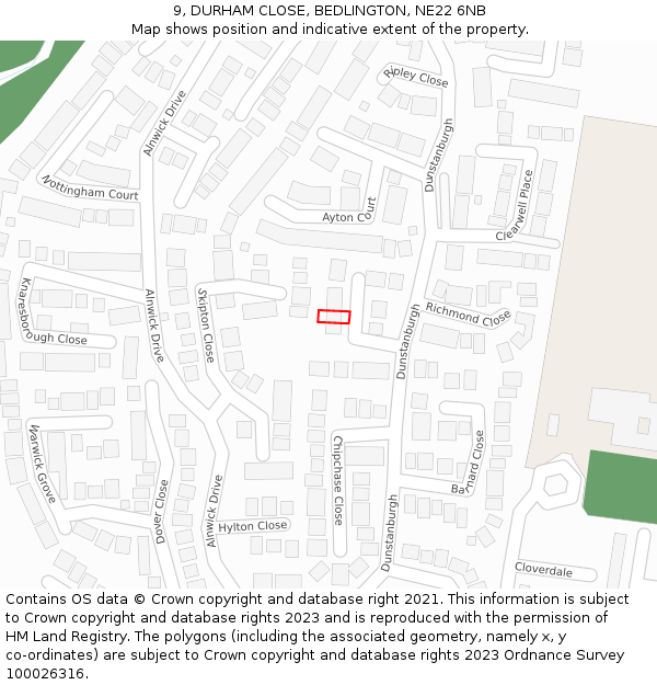 9, DURHAM CLOSE, BEDLINGTON, NE22 6NB: Location map and indicative extent of plot