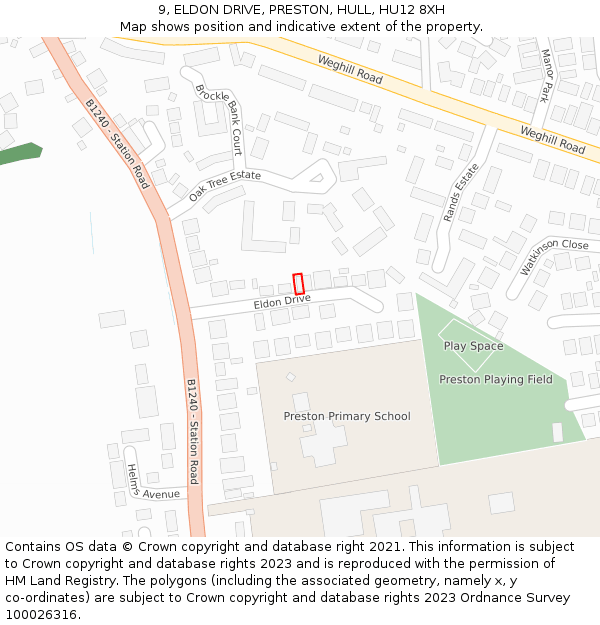 9, ELDON DRIVE, PRESTON, HULL, HU12 8XH: Location map and indicative extent of plot