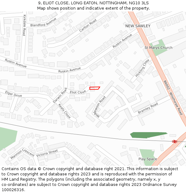 9, ELIOT CLOSE, LONG EATON, NOTTINGHAM, NG10 3LS: Location map and indicative extent of plot