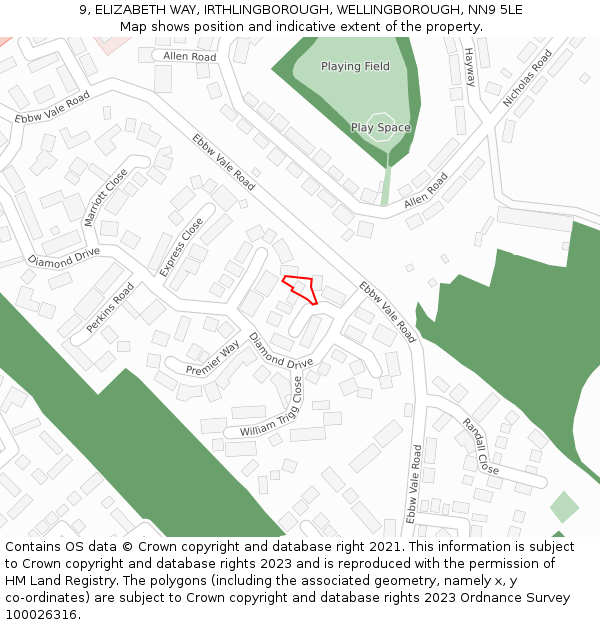 9, ELIZABETH WAY, IRTHLINGBOROUGH, WELLINGBOROUGH, NN9 5LE: Location map and indicative extent of plot