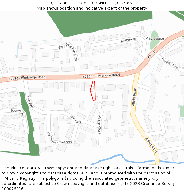 9, ELMBRIDGE ROAD, CRANLEIGH, GU6 8NH: Location map and indicative extent of plot
