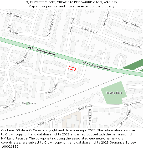 9, ELMSETT CLOSE, GREAT SANKEY, WARRINGTON, WA5 3RX: Location map and indicative extent of plot