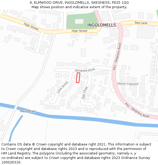 9, ELMWOOD DRIVE, INGOLDMELLS, SKEGNESS, PE25 1QG: Location map and indicative extent of plot