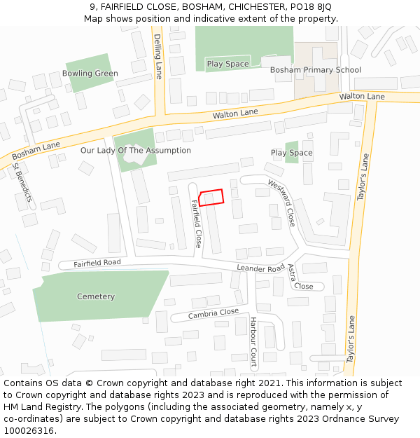 9, FAIRFIELD CLOSE, BOSHAM, CHICHESTER, PO18 8JQ: Location map and indicative extent of plot