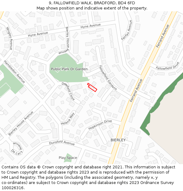 9, FALLOWFIELD WALK, BRADFORD, BD4 6FD: Location map and indicative extent of plot