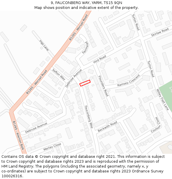 9, FAUCONBERG WAY, YARM, TS15 9QN: Location map and indicative extent of plot