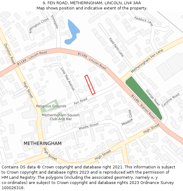 9, FEN ROAD, METHERINGHAM, LINCOLN, LN4 3AA: Location map and indicative extent of plot