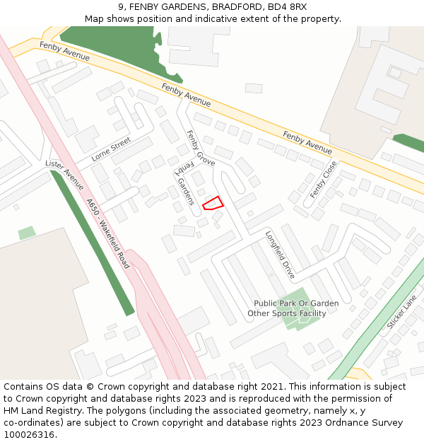 9, FENBY GARDENS, BRADFORD, BD4 8RX: Location map and indicative extent of plot