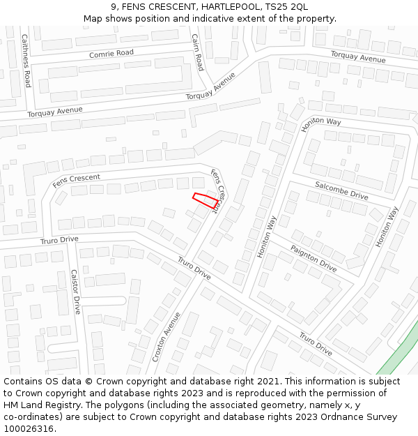 9, FENS CRESCENT, HARTLEPOOL, TS25 2QL: Location map and indicative extent of plot