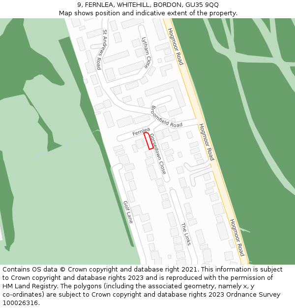 9, FERNLEA, WHITEHILL, BORDON, GU35 9QQ: Location map and indicative extent of plot