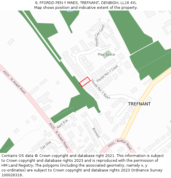 9, FFORDD PEN Y MAES, TREFNANT, DENBIGH, LL16 4YL: Location map and indicative extent of plot