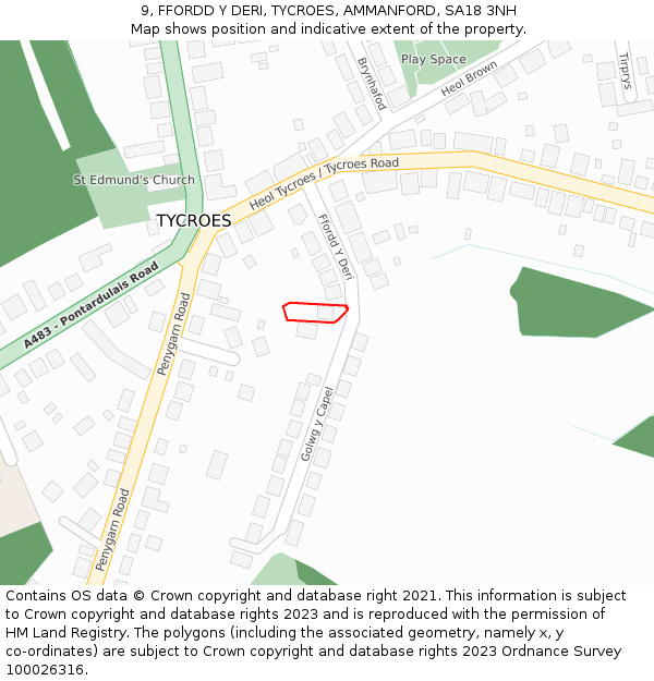 9, FFORDD Y DERI, TYCROES, AMMANFORD, SA18 3NH: Location map and indicative extent of plot