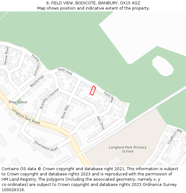 9, FIELD VIEW, BODICOTE, BANBURY, OX15 4GZ: Location map and indicative extent of plot