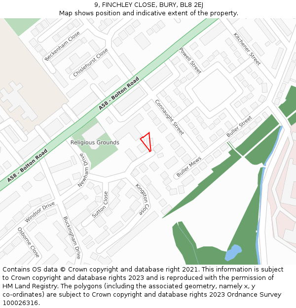 9, FINCHLEY CLOSE, BURY, BL8 2EJ: Location map and indicative extent of plot