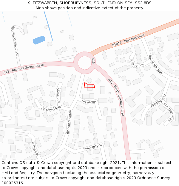 9, FITZWARREN, SHOEBURYNESS, SOUTHEND-ON-SEA, SS3 8BS: Location map and indicative extent of plot