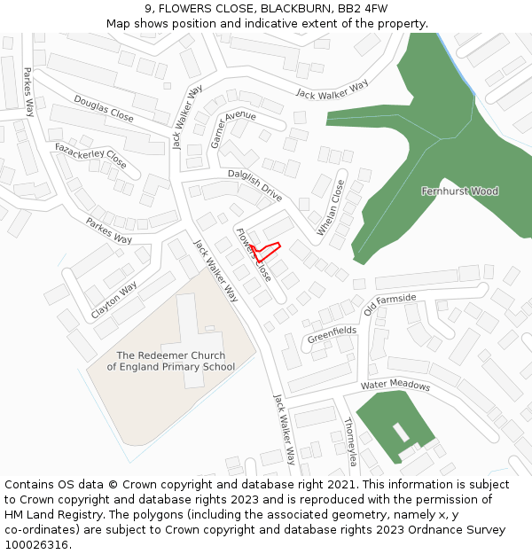 9, FLOWERS CLOSE, BLACKBURN, BB2 4FW: Location map and indicative extent of plot