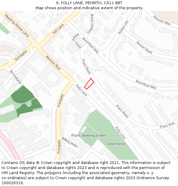 9, FOLLY LANE, PENRITH, CA11 8BT: Location map and indicative extent of plot