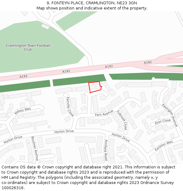 9, FONTEYN PLACE, CRAMLINGTON, NE23 3GN: Location map and indicative extent of plot