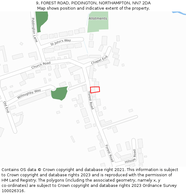 9, FOREST ROAD, PIDDINGTON, NORTHAMPTON, NN7 2DA: Location map and indicative extent of plot