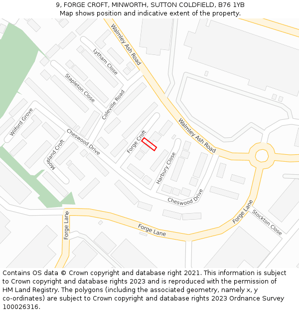 9, FORGE CROFT, MINWORTH, SUTTON COLDFIELD, B76 1YB: Location map and indicative extent of plot