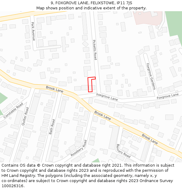 9, FOXGROVE LANE, FELIXSTOWE, IP11 7JS: Location map and indicative extent of plot